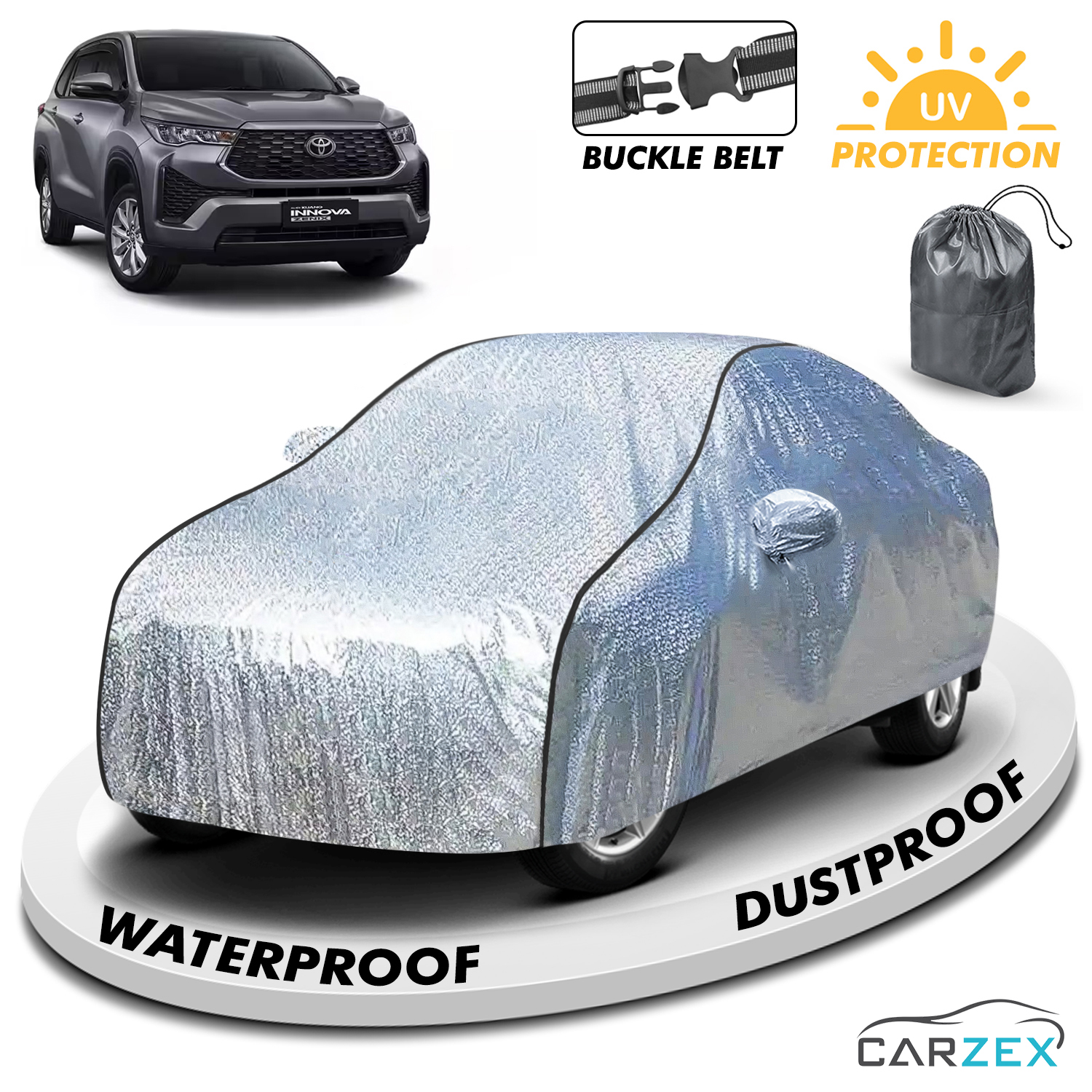 Carzex Waterproof & Heat Resistant Metallic Silver With Black Border Car Body Cover with Mirror Pockets For Toyota Innova Old?